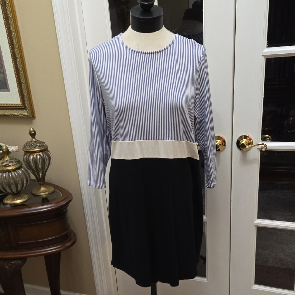 J. Jill Striped Long Sleeve Dress Blue Black White Pull-on Stretch SZ Large EUC